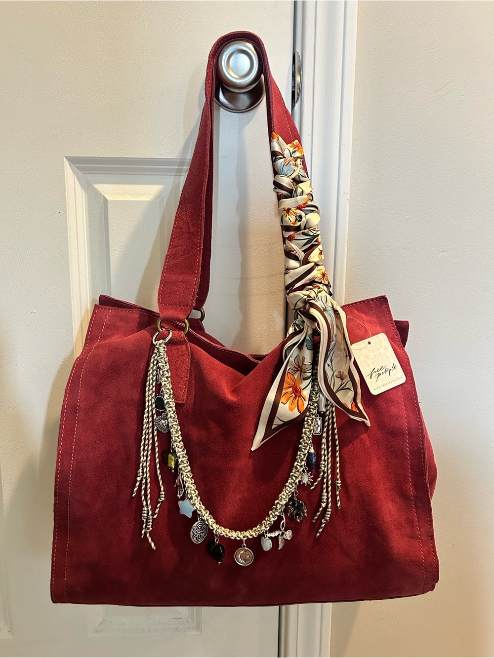 NWT Free People Salma Suede Tote Bag in Wine w/ Swag Bag Charm & Scarf